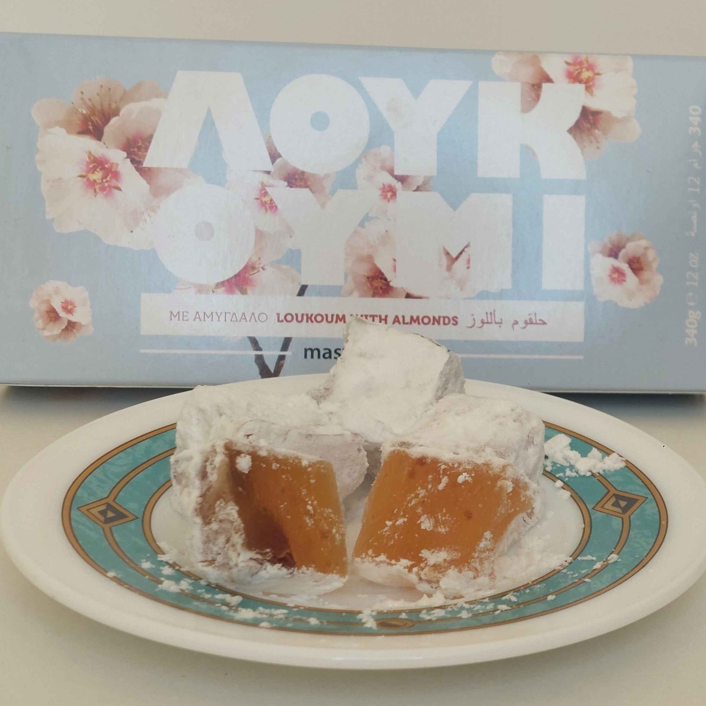Greek almond loukoumi pieces served with the 340g mastihashop box
