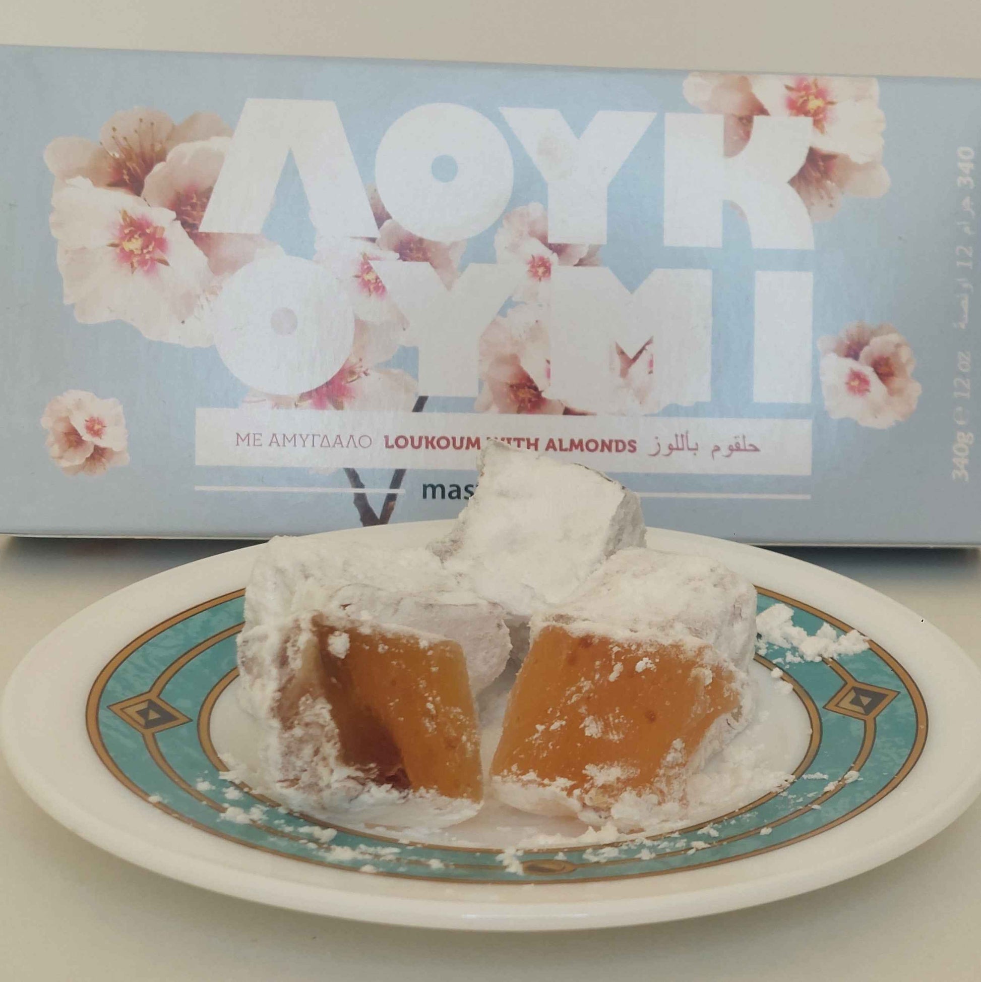 Greek almond loukoumi pieces served with the 340g mastihashop box