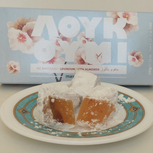 Greek almond loukoumi pieces served with the 340g mastihashop box