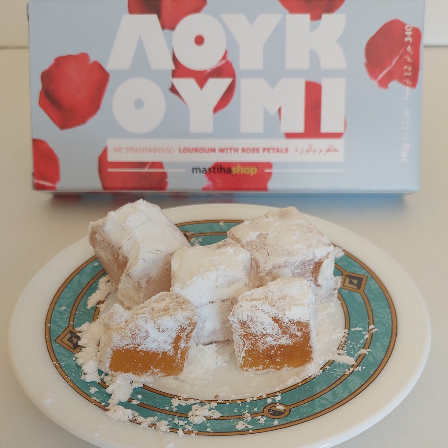 Traditional Greek rose loukoumi served on a decorative plate